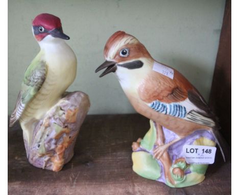Two Royal Worcester bone china garden birds, a Jay &amp; a Woodpecker, tallest 18cm