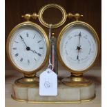 A combination desktop clock, barometer and thermometer, gilt metal cased, upon an alabaster base, ha