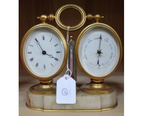 A combination desktop clock, barometer and thermometer, gilt metal cased, upon an alabaster base, having ring handle to the t