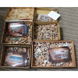 Four vintage wooden jigsaws in boxes with associated photographs