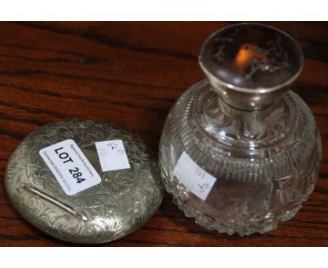 A silver and tortoiseshell lidded grenade form scent bottle, cut glass with stopper, London 1926, together with a silver plat