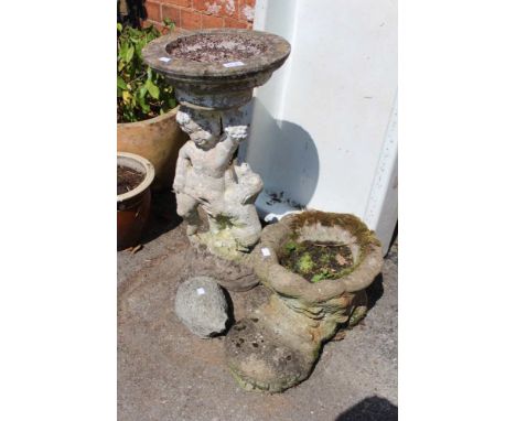 A cast garden bird bath, together with a planter fashioned as a boot &amp; a hedgehog (3)