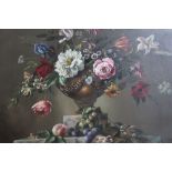 Cynthia Montefiore ""Still life, vase of Summer flowers with fruits" oil painting on canvas, signed,