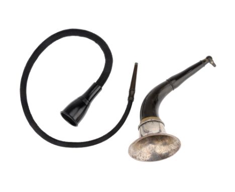 An Early American Ear Trumpet, c. 1850, (or earlier if bell is spun fused plate), constructed of cow or buffalo horn in diffe