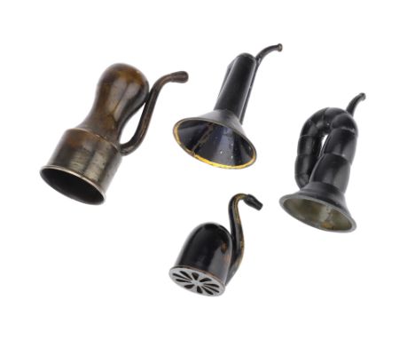 Four Antique Ear Trumpets, an American trumpet, in heavy gauge brass, distinctive design, originally black oxidised, with vul