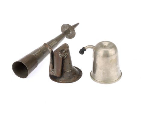 Three Ear Trumpets, an unusual inverted London dome, American, c.1880s, in nickel plate, with plaque 'EARPHONE PATâ€™D USA MA