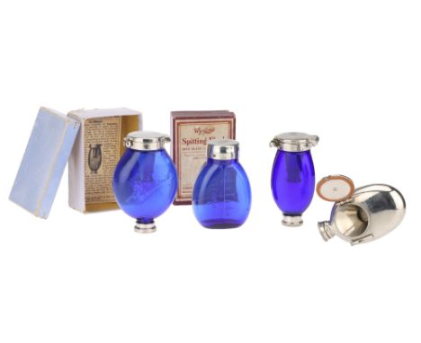 A Collection of Pocket Spitting Flasks and Spittoons, comprising of a cased blue glass flask embossed Dr Detweller, with chro