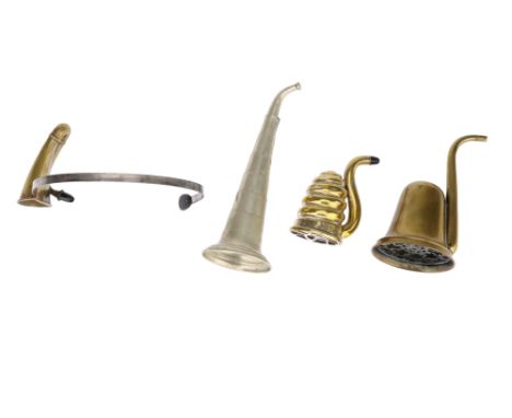 Four Ear Trumpets, a 19th century French trumpet, beehive pattern, worn silver plate on brass, with plaque 'LOUIS LAFONT 11 R