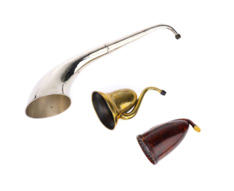 Three ear Trumpets, l9th/early 20th century, all unmarked, a large telescopic trumpet in bright nickel plate, 37cm extended; 