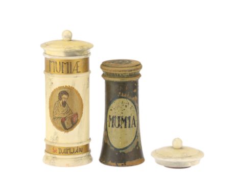 Apothecary Antiques, Two Mumia Jars, both wooden, one Christian themed, probably 19th century, painted in cream and black wit