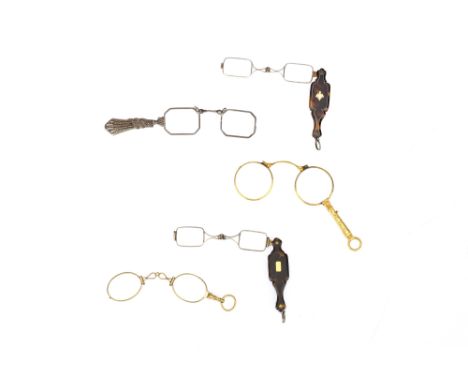 Spectacles - Five Lorgnettes, possibly all French, two with silver frames with French hallmarks, tortoiseshell handles with g