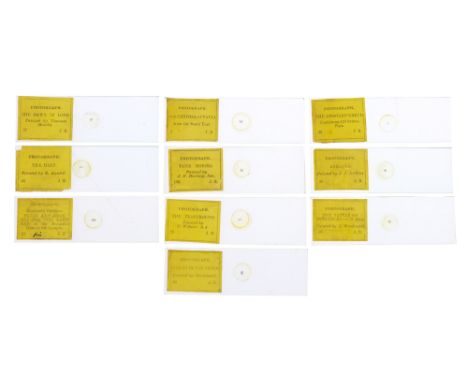 A Collection of microscope slides of microphotographs with labels for ‘’ J. B.”, on yellow paper with border, labeled ‘The Ap