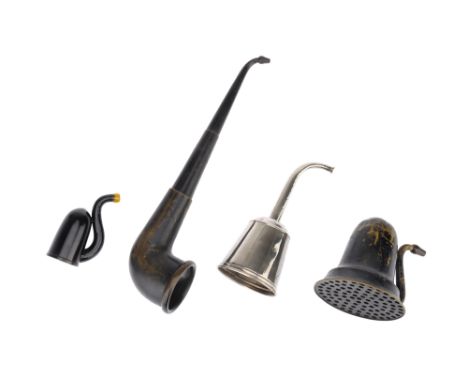 Four Ear Trumpets, all unsigned, a large and a small black-painted brass dome model, 11cm and 10cm high; a two draw trumpet i