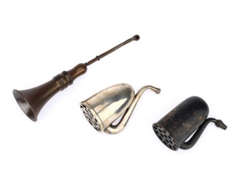 Three English Ear Trumpets, one well constructed in copper, unscrews to three parts, unsigned but design registration mark 58