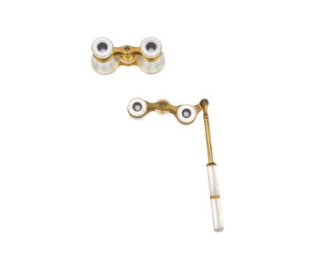 Two Pairs of Good Opera Glasses, both in mother-of-pearl and gilt brass, one pair with telesopic lorgnette style handle, sign