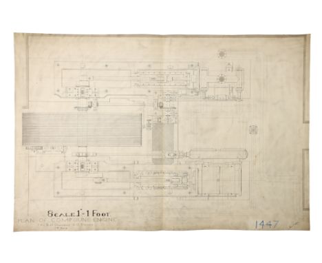Large Hand Drawn Victorian Plans Of a Winding Engine, English, dated Nov 1st 1898, hand-drawn plans of a Compound Steam Engin