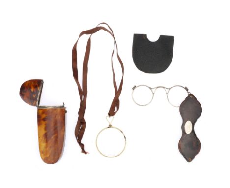 Rare Early Lorgnette Spectacles etc., possibly English, early 19th century, silver frame folding into tortoiseshell sleeve in