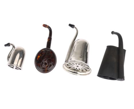 Four Ear Trumpets, two in nickel plate, a small dome, 7cm high, one larger, 15.5cm; a black painted German trumpet, a folded 