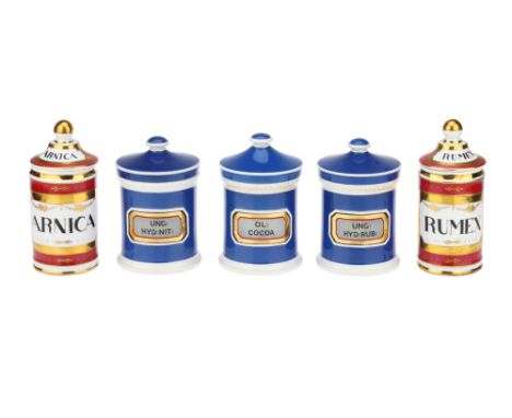 Ceramic Apothecary Jars, three British jars, late 19th century, in blue and white with glass lug labels, 18cm high; with two 