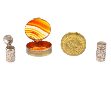 A Cachou Pill Case by Thomas Jackson, with Two Silver Pill Cases etc., cachou dispenser on pressed gilt brass, one side readi