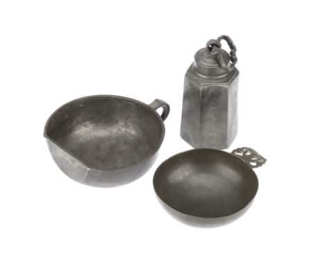 Antique Pewter, Bleeding Bowl, Porringer and Flask, an antique pewter porringer, English, probably 18th century, with touchma