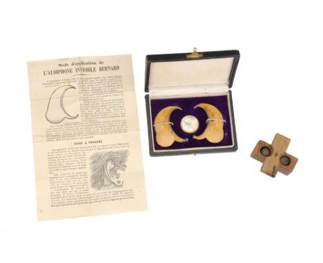 Quack Hearing Aids, Audiphone Invisible Bernard, and military ear plugs, a cased set of Audiphone Invisible Bernard, French c