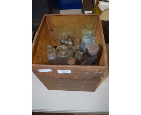 TIN BOX CONTAINING VINTAGE GLASS BOTTLES
