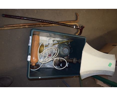 BOX CONTAINING A MODERN TABLE LAMP, WALKING STICKS, LEADS ETC