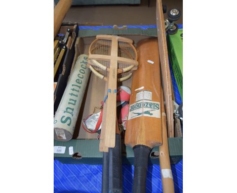 TRAY CONTAINING VINTAGE SPORTING EQUIPMENT TO INCLUDE CRICKET BAT ETC
