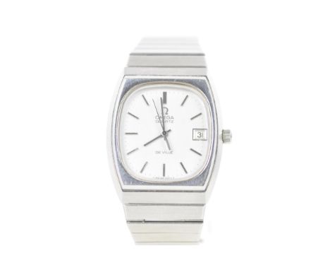 An Omega De Ville, quartz, gents, stainless steel wristwatch, the dial having baton markers and a date aperture at 3, with an