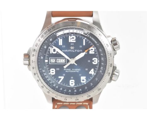 A Hamilton Khaki X-Wind, automatic, gents, stainless steel wristwatch, the blue dial having centre seconds, day and date aper