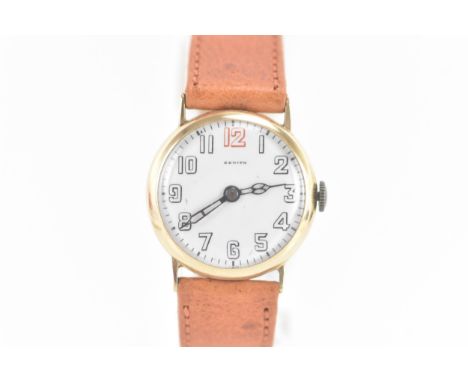 A Zenith, manual wind, 14ct gold wristwatch, circa 1907-11, the white enamel dial having Arabic numerals, on a brown leather 
