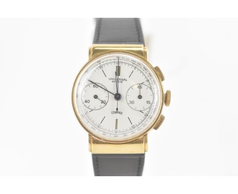 A Universal Geneve Compax, chronograph, gents, 18ct gold wristwatch, circa 1940/50s, the silvered dial having baton markers a