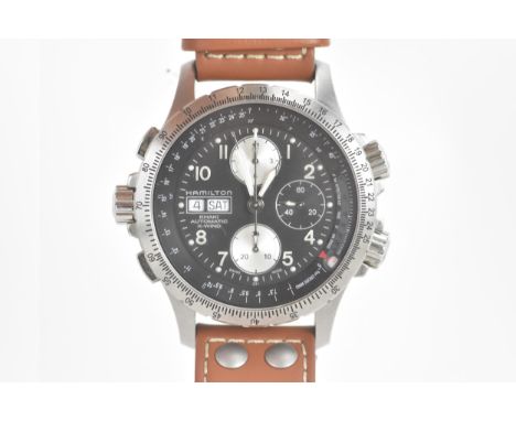 A Hamilton Khaki X-Wind, automatic, gents, chronograph, stainless steel wristwatch, the black dial having three subsidiary di