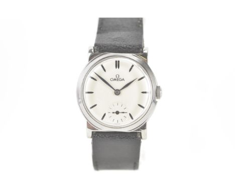 An Omega, manual wind, mid-size, stainless steel wristwatch, circa 1930-33the dial having baton markers with blued hands and 