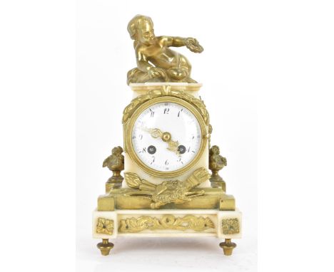 A 19th century French Ormolo and marble mantle clock, the case having a winged cherub above decorative mounts, the 3" enamel 