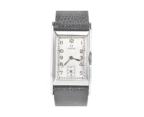 An Art Deco Omega, manual wind, stainless steel wristwatch, circa 1939, the silvered dial having Arabic numerals with a subsi