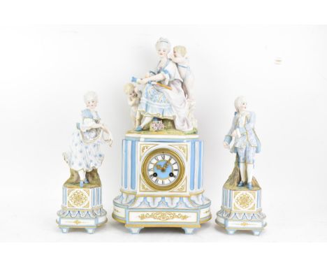 A circa 1900 French bisque clock garniture set, the clock mounted with a seated maiden with cherubs on a naturalistic base, t