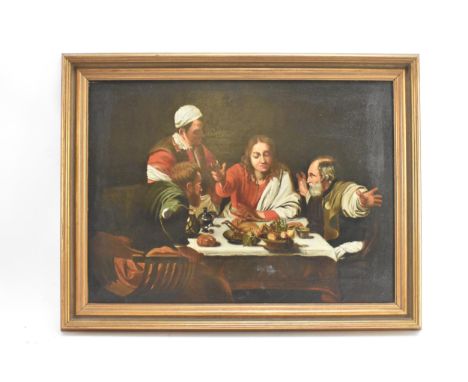 After Michelangelo Merisi da Caravaggio (Italian 1573-1609) An 18th century oil on board depicting 'The Supper at Emmaus', 43
