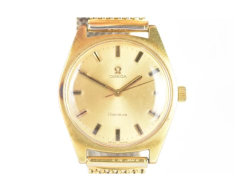 An Omega, manual wind, gents, gold plated wristwatch, circa 1969, gilt dial having baton markers with centre seconds, on a la