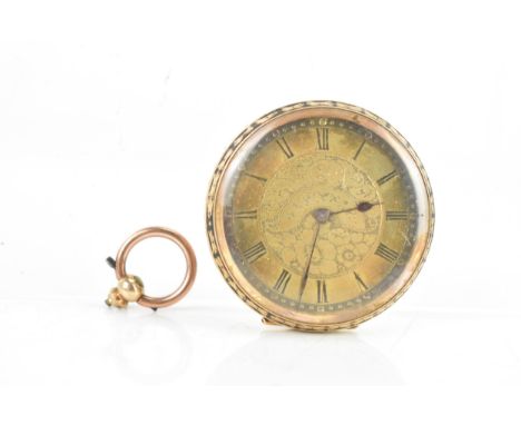 A late 19th/early 20th century 14ct gold open face fob watch, the dial engraved with a floral design to the centre with a gil