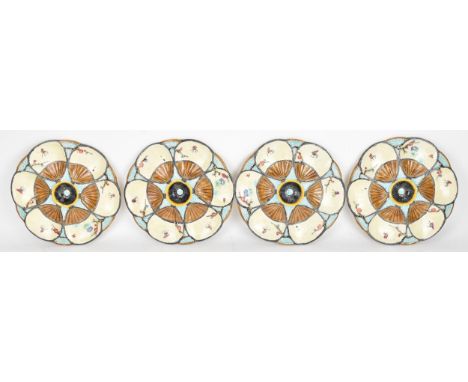 A set of four Victorian Simon Fielding &amp; Co, lead-glazed earthenware Majolica “Fan &amp; Insect” oyster plates, circa 188