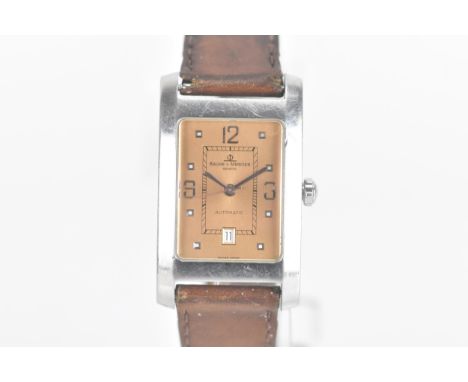 A Baume & Mercier, automatic, gents, stainless steel wristwatch, the rectangular dial having silvered hands and dot markers w