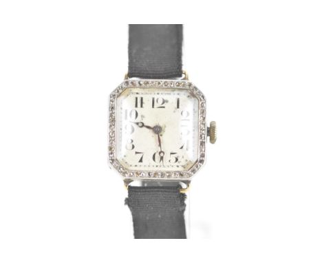 An Art Deco diamond, ladies, manual wind, 18ct yellow and white gold wristwatch, the octagonal dial having Arabic numerals su
