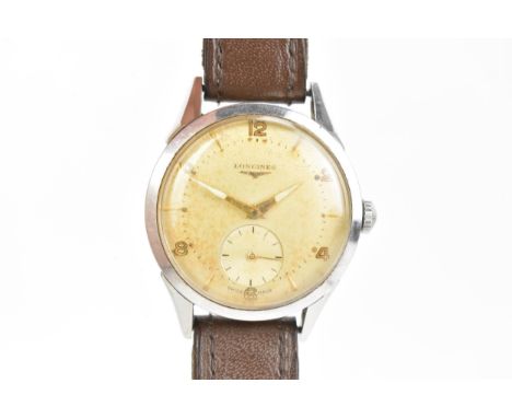 A Longines, manual wind, gents, stainless steel wristwatch, circa 1953, the dial having baton markers and Arabic numerals, su