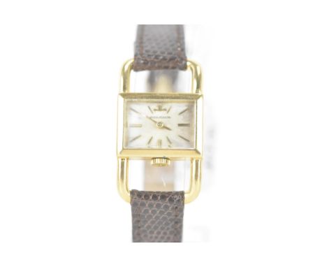 A Jaeger LeCoultre Hermes Etrier, manual wind, ladies, gold wristwatch, circa 1960s, the rectangular silvered dial having bat