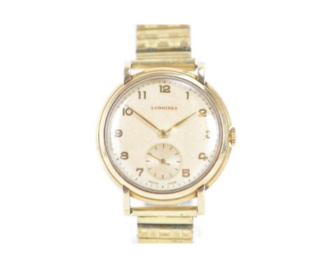 A Longines, manual wind, gents, 9ct gold wristwatch, circa 1950s, the dial having Arabic numerals with centre seconds and a s