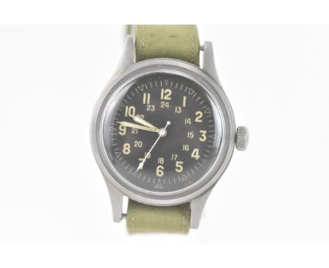 A Hamilton FAPD 5101 Navigation, manual wind, gents wristwatch, Vietnam war era, the black dial having Arabic numerals and ce