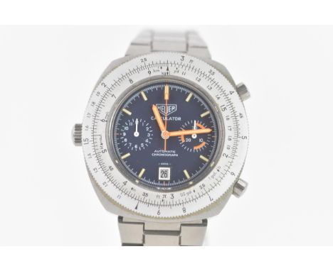 A Heuer Calculator, automatic, chronograph, gents, stainless steel wristwatch, circa 1970s, the blue dial having luminous bat