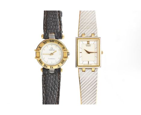Two ladies wristwatches to include an Omega Constellation, quartz, gold and steel watch, with gilt baton markers, brown leath